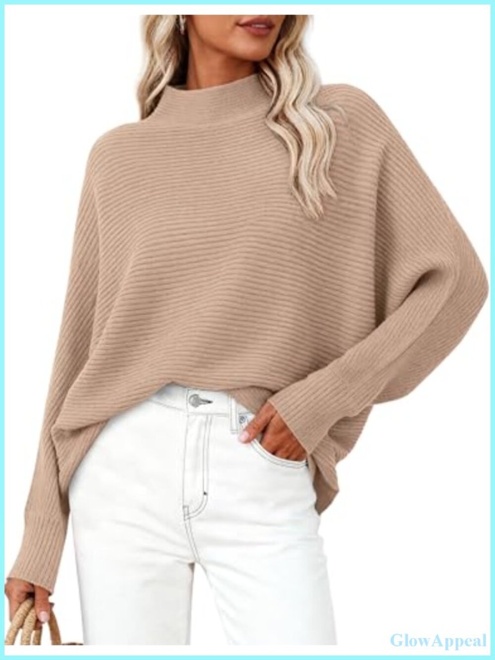 Oversized Ribbed Knit Mock Neck Batwing Sleeve Sweater Pullover